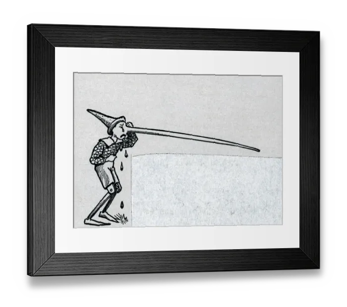 Framed Print : Engraving of Pinocchio with Long Nose Crying Framed Print : Engraving of Pinocchio with Long Nose Crying