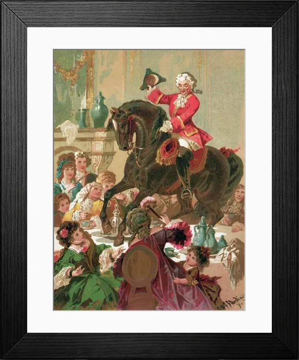 Framed Print : Baron Munchausen Riding Horse On Table Framed Print : Baron Munchausen Riding Horse On Table