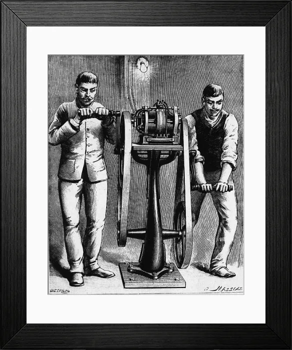 Framed Print : Two Men Cranking Manual Dynamo (Illus.) Framed Print : Two Men Cranking Manual Dynamo (Illus.)