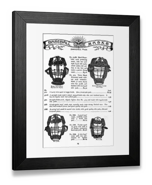 Framed Print : Catalog Page Showing Baseball Masks Framed Print : Catalog Page Showing Baseball Masks