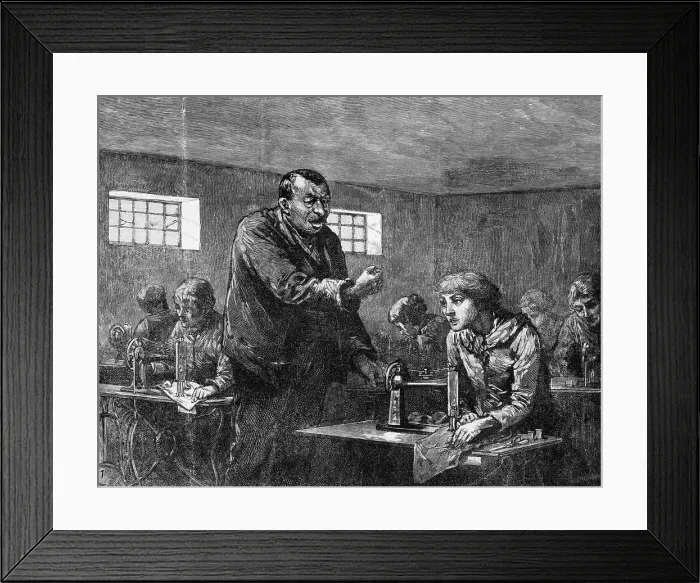 Framed Print : Illustration of a Sweatshop Foreman Threatening Worker Framed Print : Illustration of a Sweatshop Foreman Threatening Worker