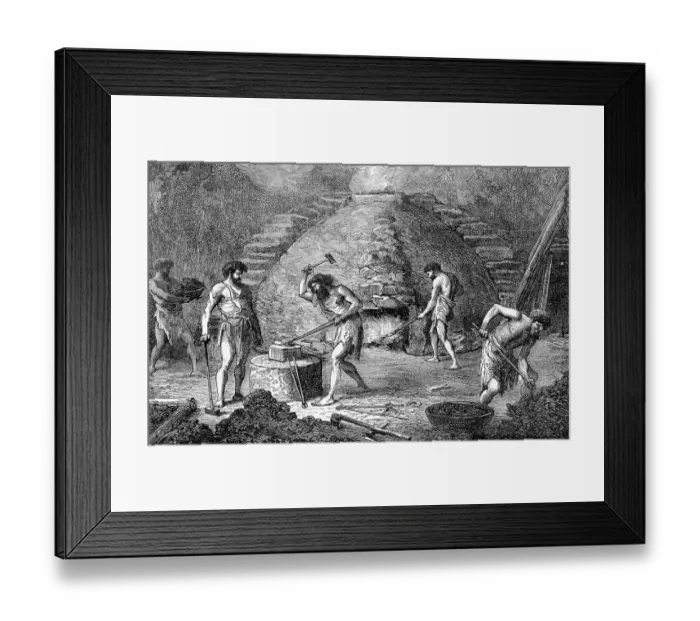 Framed Print : Prehistoric Man Forging Iron On An Anvil Framed Print : Prehistoric Man Forging Iron On An Anvil