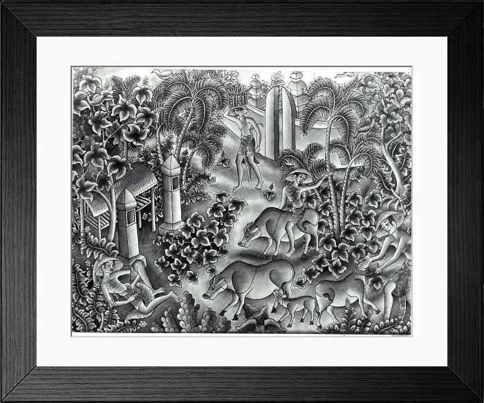 Framed Print : Carpet From Bali Showing Water Buffaloes