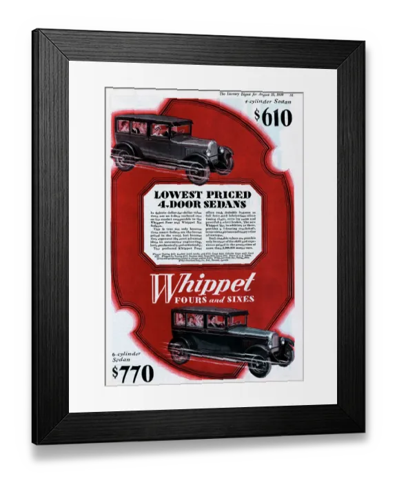 Framed Print : Color Advertisement for Whippet Cars with Full Cars Framed Print : Color Advertisement for Whippet Cars with Full Cars