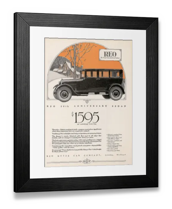 Framed Print : Ad for REO Motor Car's 20th Anniversary Sedan Framed Print : Ad for REO Motor Car's 20th Anniversary Sedan
