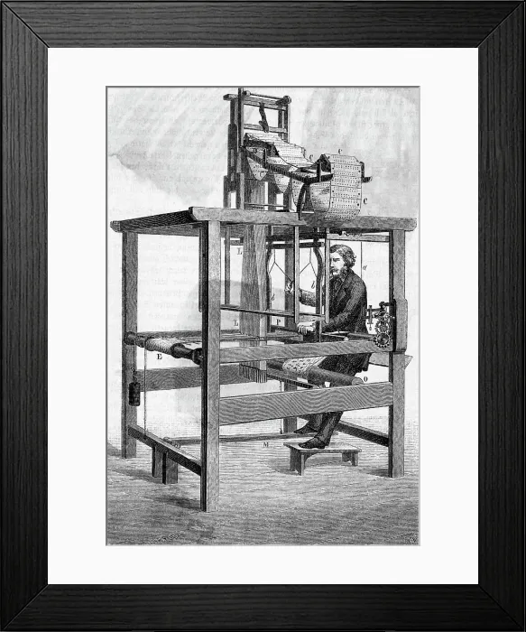 Framed Print : Engraving of a Man Operating a Jacquard Loom Framed Print : Engraving of a Man Operating a Jacquard Loom