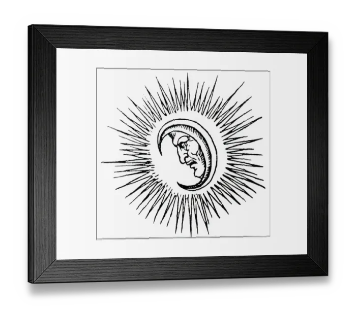 Framed Print : Profile Face In Crescent Moon--Woodcut Framed Print : Profile Face In Crescent Moon--Woodcut