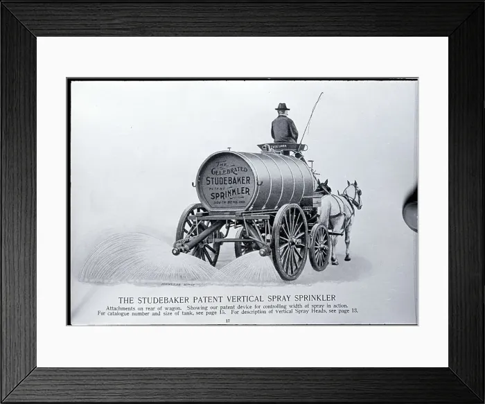 Framed Print : Studebaker Horse-Drawn Sprinkler--1899 Framed Print : Studebaker Horse-Drawn Sprinkler--1899