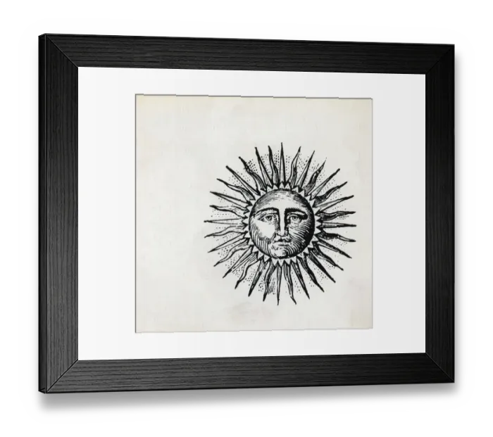 Framed Print : Engraving Of Sun W / Frown & Crooked Rays Framed Print : Engraving Of Sun W / Frown & Crooked Rays
