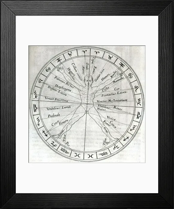 Framed Print : Engraving of a Zodiac Circle and Its Relation to the Human Body Framed Print : Engraving of a Zodiac Circle and Its Relation to the Human Body
