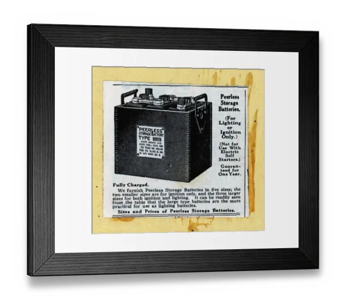 Framed Print : Illustrated Ad For Peerless Batteries Framed Print : Illustrated Ad For Peerless Batteries