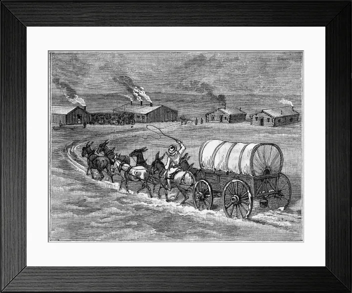 Framed Print : Covered Wagon Approaching Log Cabins Framed Print : Covered Wagon Approaching Log Cabins