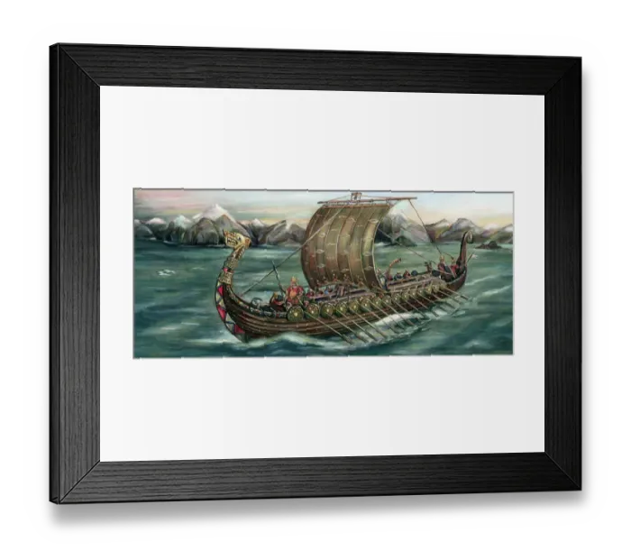Framed Print : Illustration of a Viking Trading Ship Leaving Norway for an Expedition Framed Print : Illustration of a Viking Trading Ship Leaving Norway for an Expedition