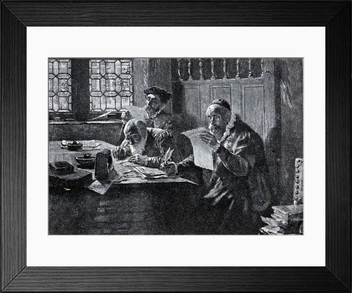 Framed Print : Engraving Of Men Seated Proof Reading Framed Print : Engraving Of Men Seated Proof Reading