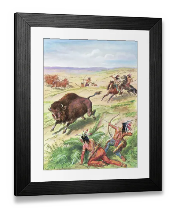 Framed Print : Hand-Colored Engraving of Plains Indians Hunting Buffalo Framed Print : Hand-Colored Engraving of Plains Indians Hunting Buffalo
