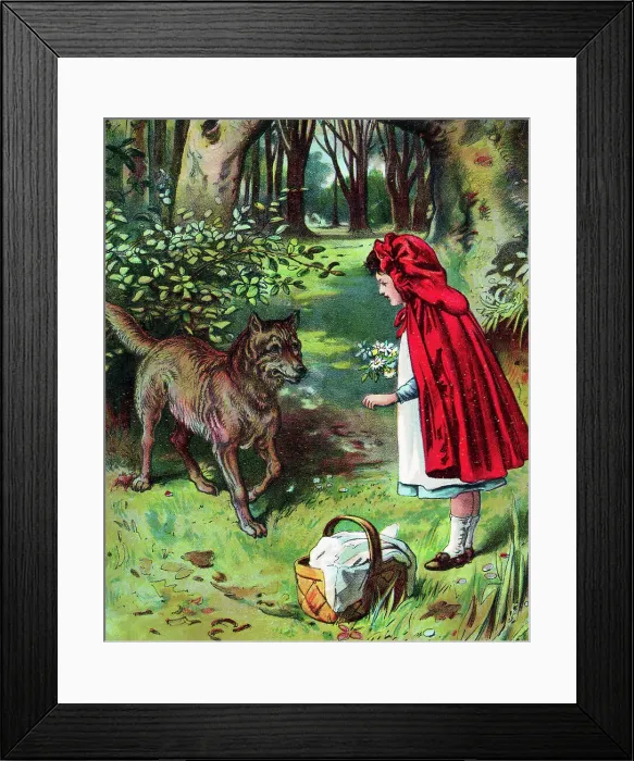Framed Print : Little Red Riding Hood In Woods with Wolf Framed Print : Little Red Riding Hood In Woods with Wolf