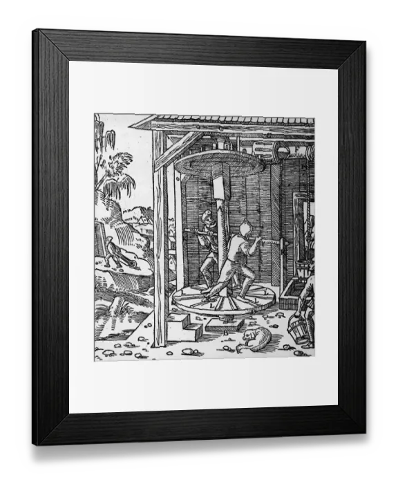 Framed Print : Woodcut Of 16Th Century Power Plant Framed Print : Woodcut Of 16Th Century Power Plant