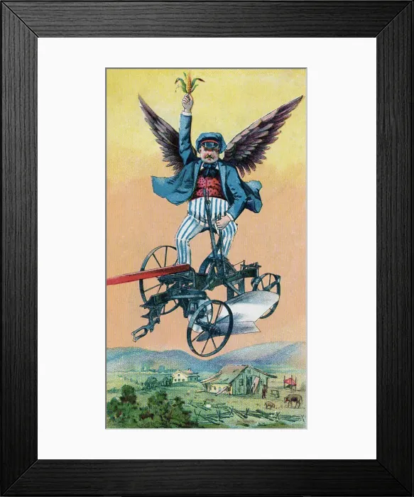 Framed Print : Winged Man Flying On Plow Framed Print : Winged Man Flying On Plow