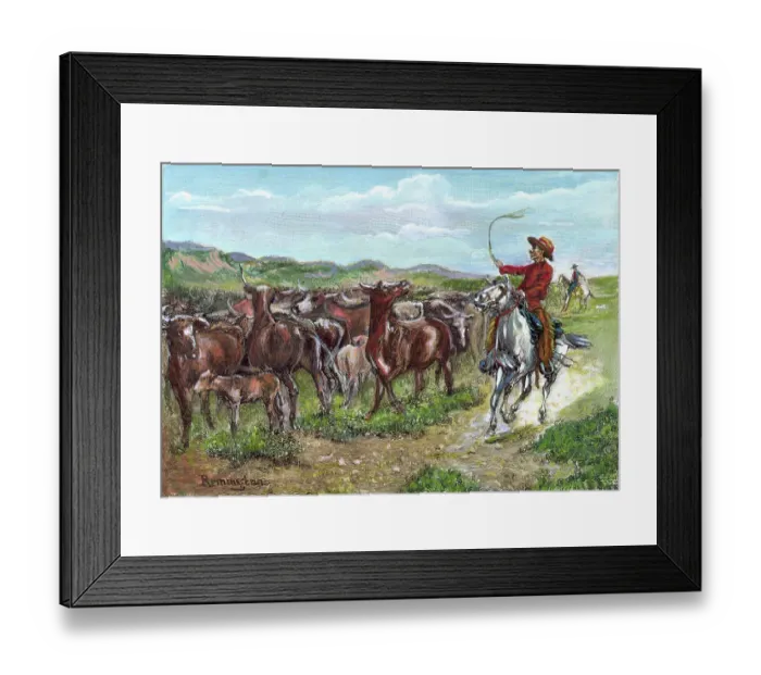 Framed Print : Engraving of Cowboys & Cattle by Frederick Remington