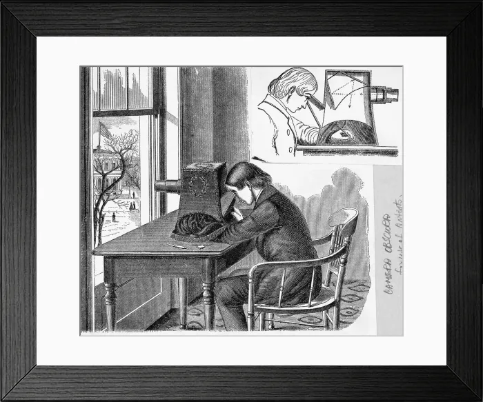Framed Print : Illustration of Man Looking Through Camera Obsucura Framed Print : Illustration of Man Looking Through Camera Obsucura