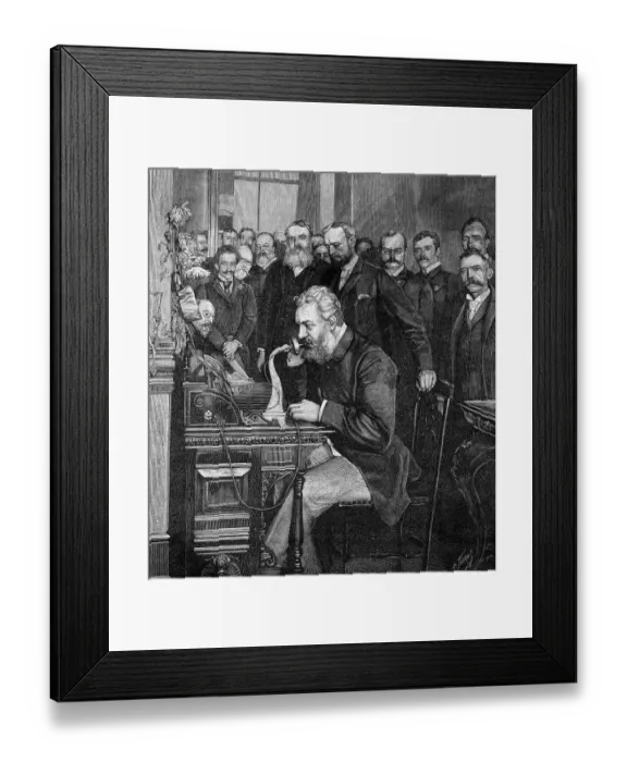 Framed Print : Illustration of Alexander Graham Bell Opening Telephone Framed Print : Illustration of Alexander Graham Bell Opening Telephone