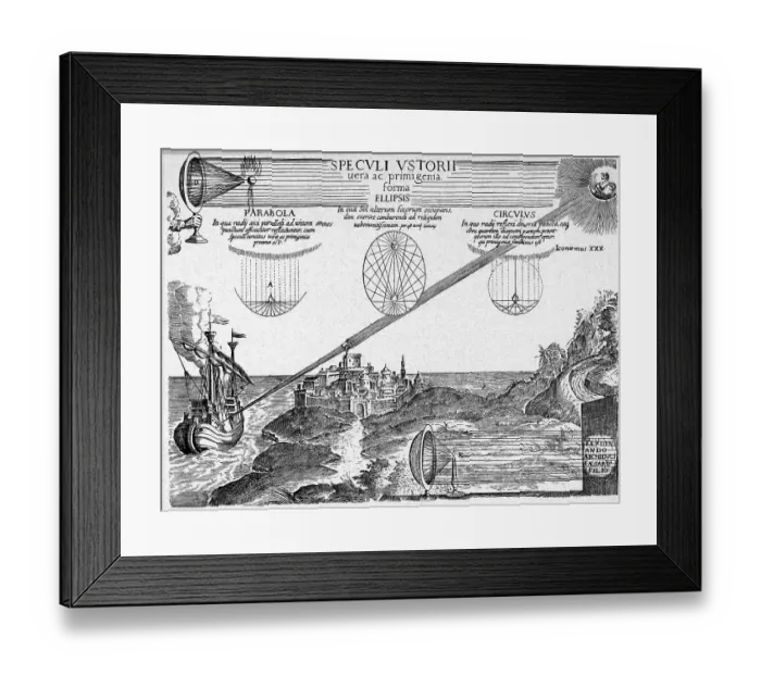 Framed Print : Engraving of Archimedes Burning Mirror by Athanasius Kircher Framed Print : Engraving of Archimedes Burning Mirror by Athanasius Kircher