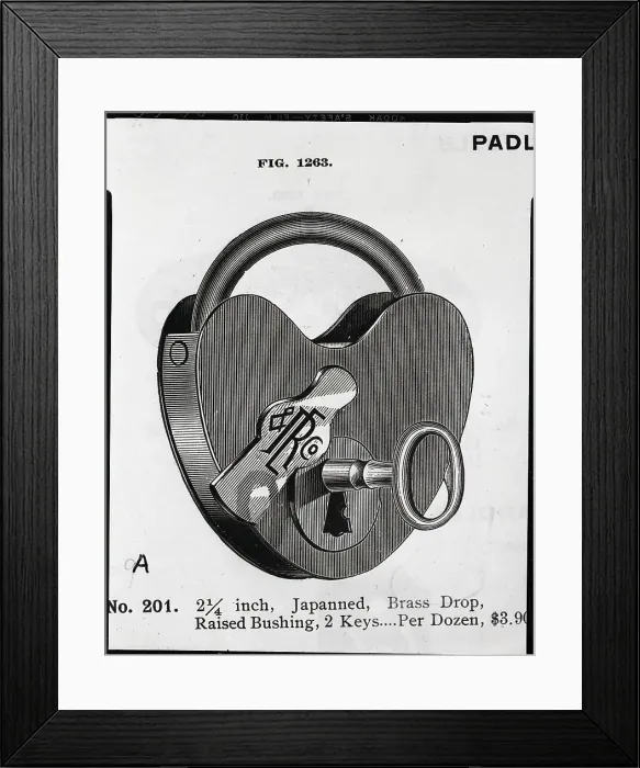 Framed Print : Illustration Of Early Padlock & Key