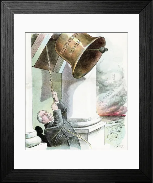 Framed Print : Political Cartoon of President Cleveland Pulling Bell by C.J. Taylor Framed Print : Political Cartoon of President Cleveland Pulling Bell by C.J. Taylor