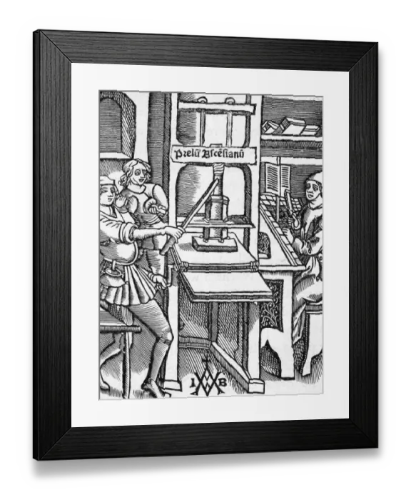 Framed Print : Illustration of Printing Press from Title Page of Historia de Bello Judaico Framed Print : Illustration of Printing Press from Title Page of Historia de Bello Judaico