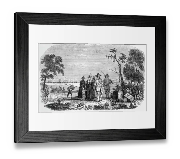 Framed Print : Illustration of John Winthrop Landing in Massachusetts Framed Print : Illustration of John Winthrop Landing in Massachusetts