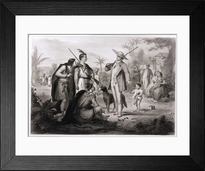 Framed Print : South American Settlers Meet Natives Framed Print : South American Settlers Meet Natives