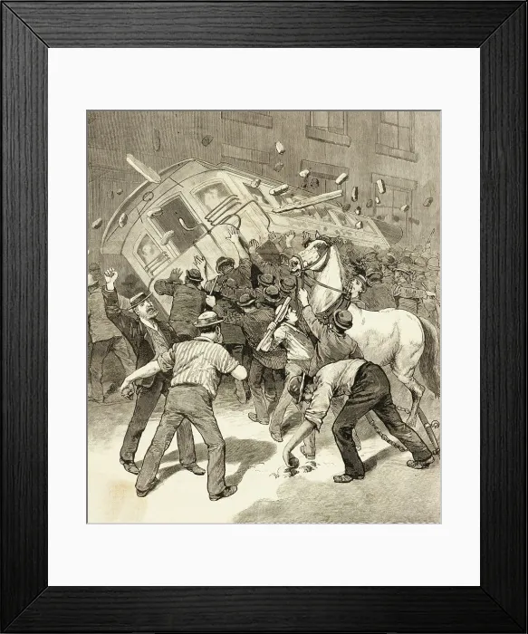 Framed Print : Illustration of Striking Conductors and Drivers Overturning a Trolley Car