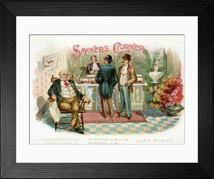 Framed Print : Smokers Corner Cigar Box Label