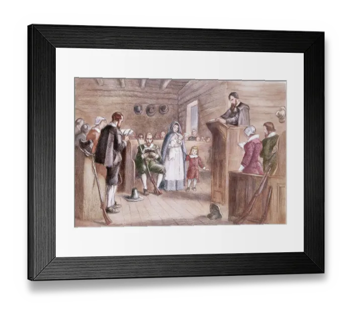 Framed Print : Color Print Depicting Public Worship at Plymouth by the Pilgrims Framed Print : Color Print Depicting Public Worship at Plymouth by the Pilgrims