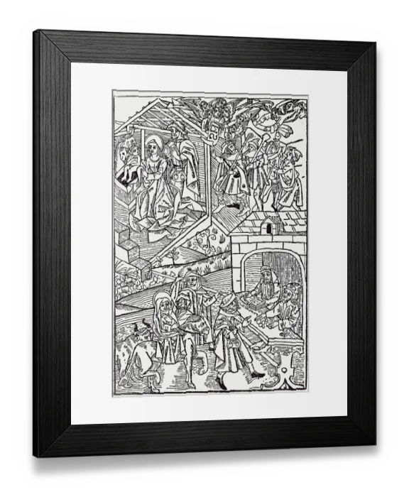 Framed Print : Woodcut with Scenes from the Birth of Christ Framed Print : Woodcut with Scenes from the Birth of Christ