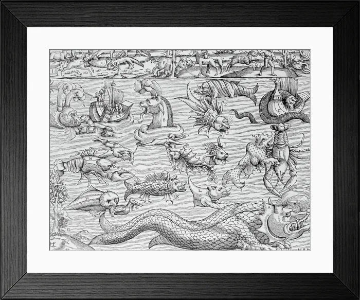 Framed Print : Illustration of Mythical Sea Monsters by Sebastian Munster Framed Print : Illustration of Mythical Sea Monsters by Sebastian Munster