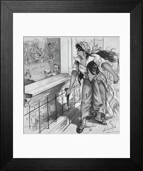Framed Print : Illustration of Mafia Woman Intimidating Jury Framed Print : Illustration of Mafia Woman Intimidating Jury