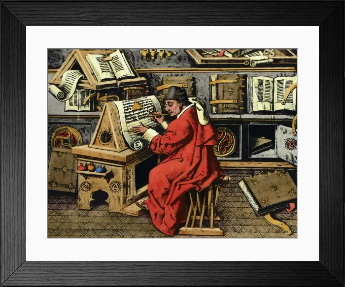 Framed Print : Illustration of Jean Meliot Working on a Manuscript Framed Print : Illustration of Jean Meliot Working on a Manuscript