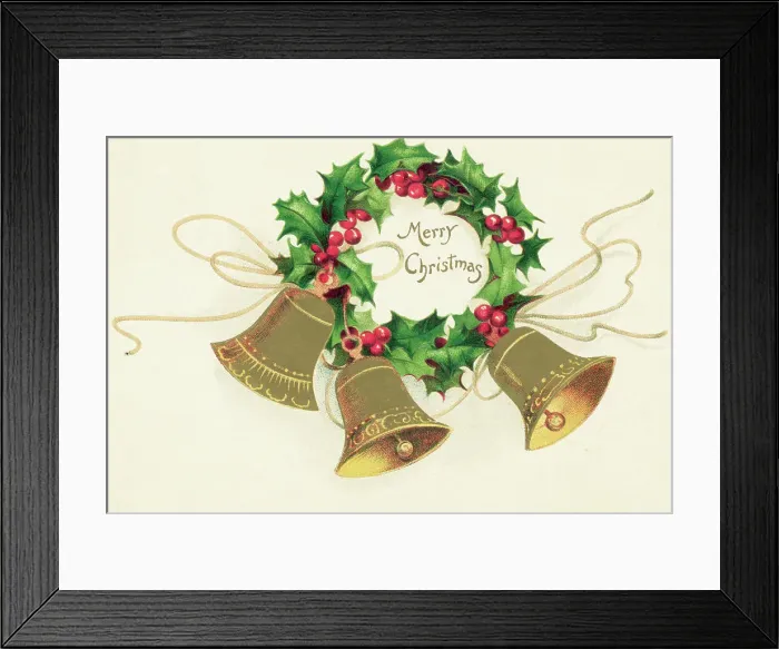 Framed Print : Christmas Card with Wreath of Holly and a Trio of Bells Framed Print : Christmas Card with Wreath of Holly and a Trio of Bells