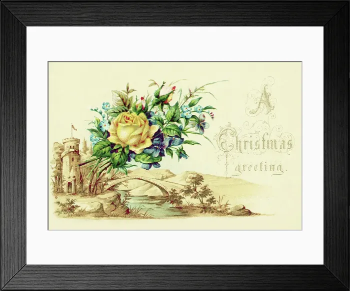 Framed Print : Christmas Card with a Bouquet of Flowers and a Pastoral Setting Framed Print : Christmas Card with a Bouquet of Flowers and a Pastoral Setting