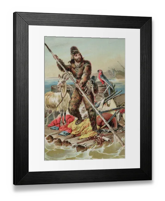 Framed Print : Character from Robinson Crusoe Riding on Raft Framed Print : Character from Robinson Crusoe Riding on Raft