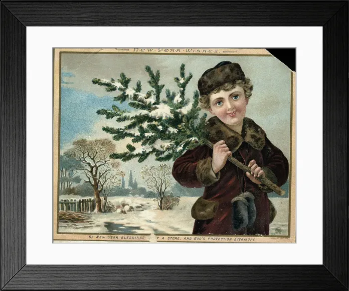 Framed Print : Card W / Boy Holding Snowy Branch / Illust Framed Print : Card W / Boy Holding Snowy Branch / Illust