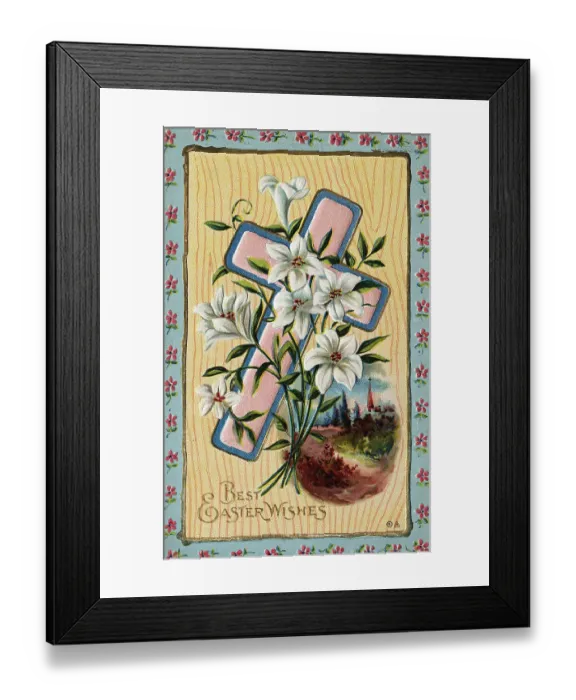 Framed Print : Easter Card W / Lillies, Cross / Illustration Framed Print : Easter Card W / Lillies, Cross / Illustration
