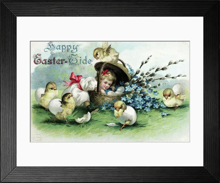 Framed Print : Antique Easter Greeting with Baby Chicks