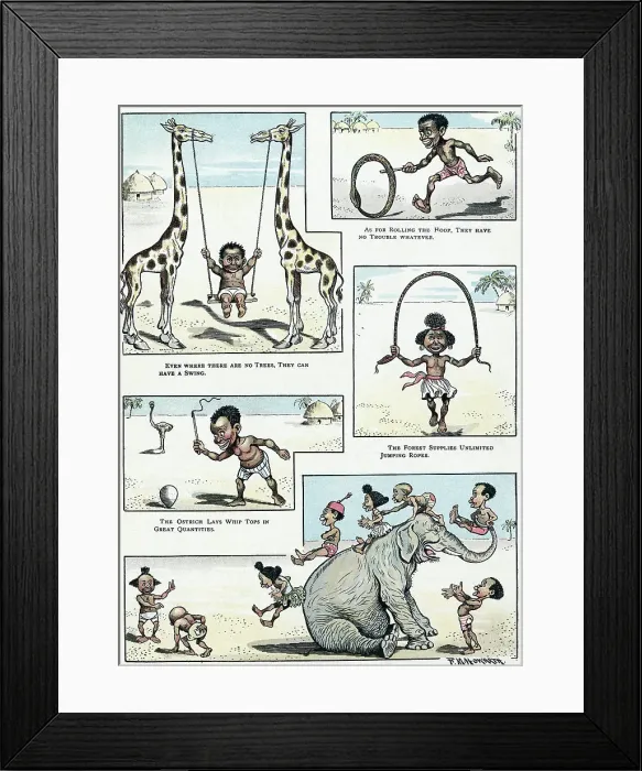 Framed Print : Caricature Illustration Depicting African Children in Their Villages