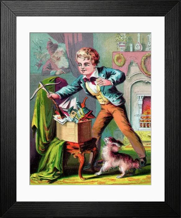 Framed Print : 19th Century Ilustration of a Young Boy with His Christmas Presents Framed Print : 19th Century Ilustration of a Young Boy with His Christmas Presents