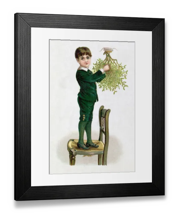 Framed Print : 19th-Century Illustration of a Boy On a Chair Hanging Mistletoe Framed Print : 19th-Century Illustration of a Boy On a Chair Hanging Mistletoe