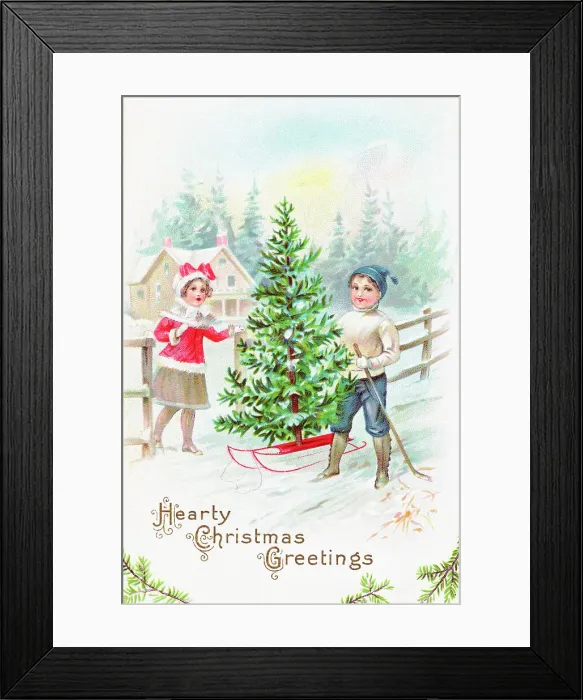 Framed Print : Illustration for a Christmas Card with Children Carting a Christmas Tree on a Sleigh Framed Print : Illustration for a Christmas Card with Children Carting a Christmas Tree on a Sleigh