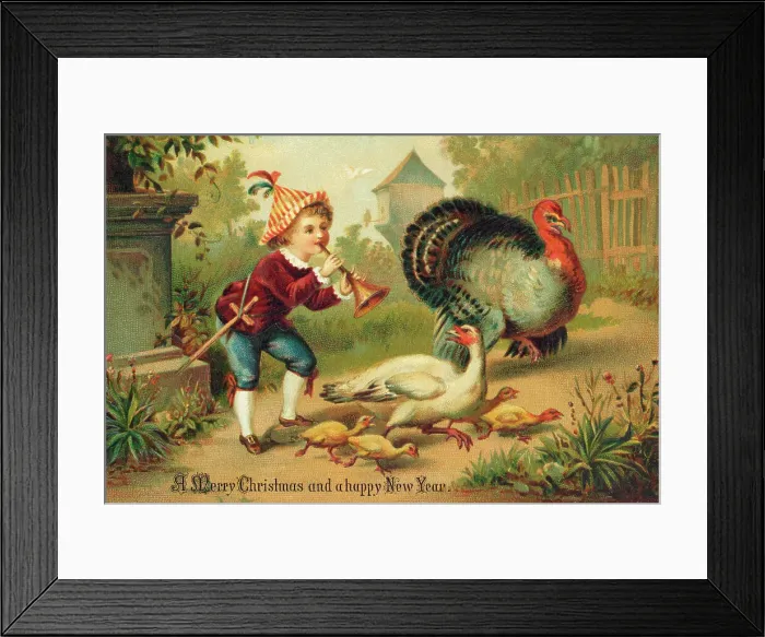 Framed Print : Holiday Greeting Card with Boy Chasing a Turkey Framed Print : Holiday Greeting Card with Boy Chasing a Turkey