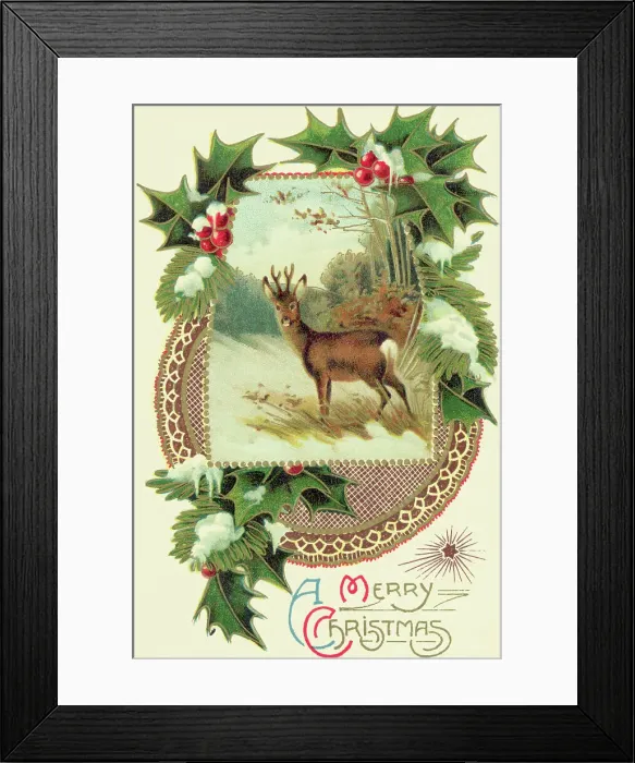 Framed Print : Christmas Card with Deer and Holly Framed Print : Christmas Card with Deer and Holly